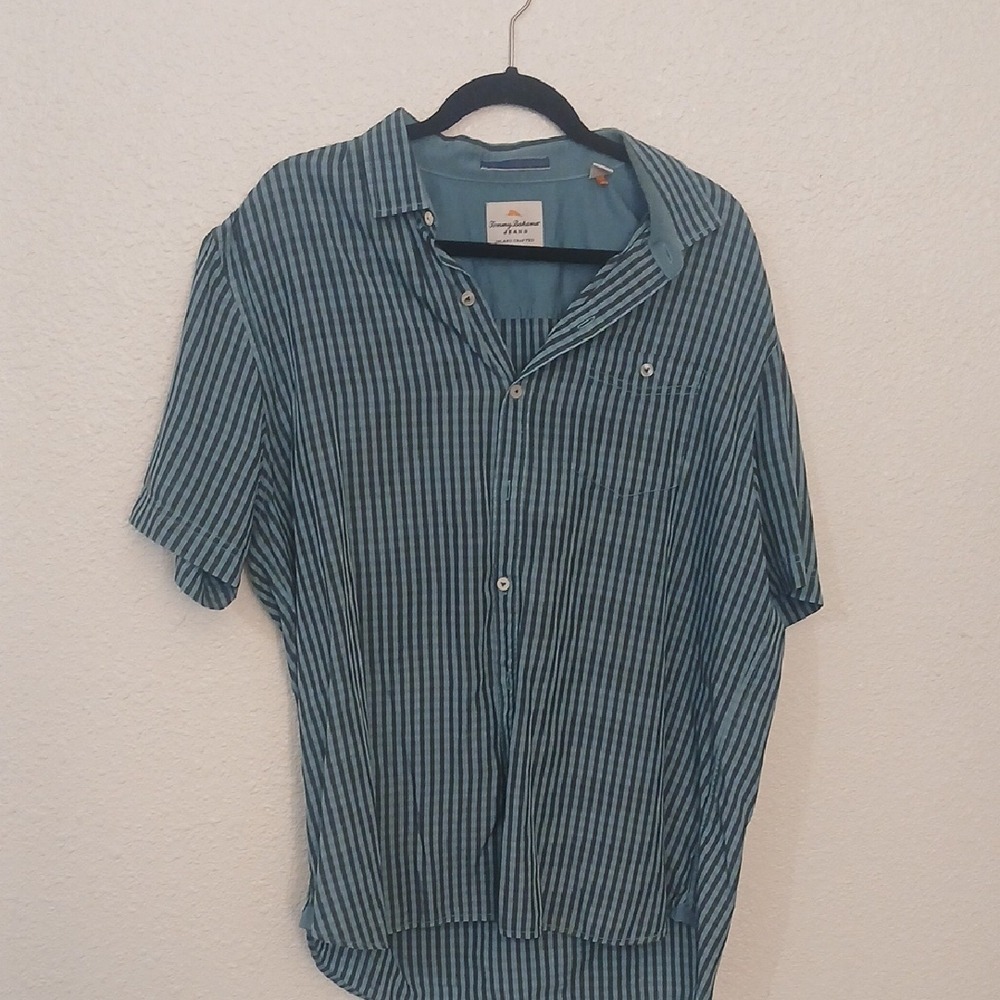 "Make Offer" Tommy Bahama Blue Casual Button Down Shirt with Stripes